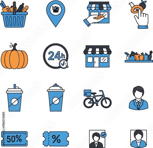 E commerce delivery and shopping icons with discounts and online ordering