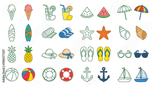 A vibrant collection of summer-themed icons, featuring beach essentials, refreshing drinks, and tropical fruits, perfect for vacation and leisure designs.