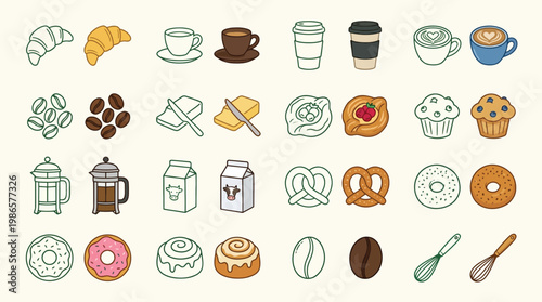A charming collection of hand-drawn illustrations featuring various breakfast pastries, coffee cups, and related items, perfect for cafe or bakery themes.