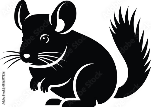 black and white silhouette of a cute squirrel with bushy tail and whiskers
