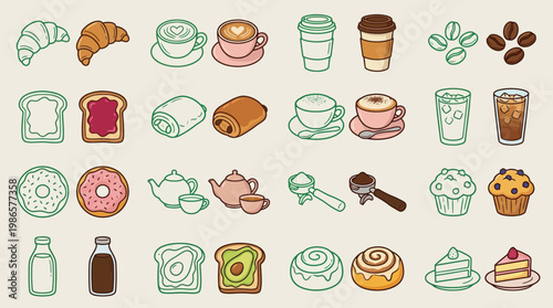 A delightful collection of hand-drawn illustrations featuring various breakfast pastries, coffee drinks, and baked goods, perfect for cafe menus or culinary designs.