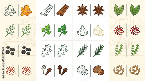 A vibrant collection of illustrated spices and herbs, showcasing their diverse forms and colors for culinary inspiration.