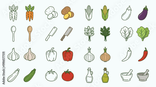 A vibrant collection of fresh vegetables and kitchen utensils, presented in a clean, illustrative style with both outlined and colored versions of each item.