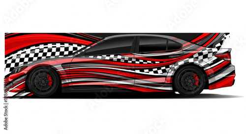 Sportscar with racing stripes and checkered flag graphics.