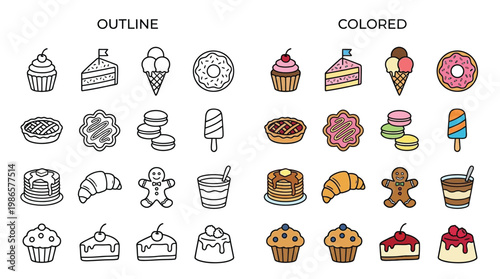 Collection of outline and colored illustrations of various desserts and sweet treats, including cupcakes, cakes, ice cream, donuts, pies, and cookies.