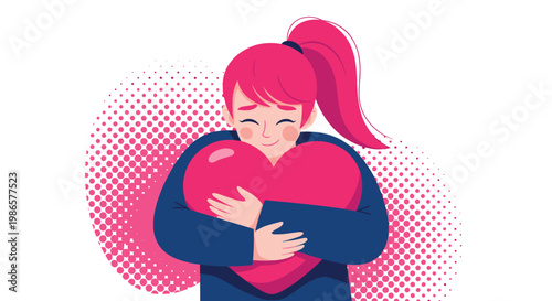 Young girl with pink hair smiling while hugging a very large pink heart against a pink halftone dot background pattern.