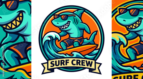 Cartoon Shark Surfing Logo Design.