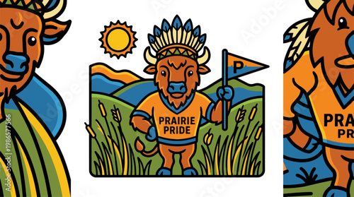 Prairie Pride Bull Mascot In Field Illustration.