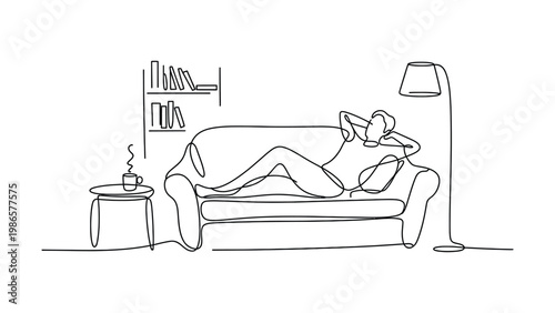 Relaxed person with hands behind head lying on comfortable sofa near small table with hot drink and bookshelf with lamp in cozy room illustrated in single line art style line art