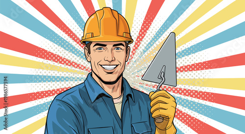Cheerful construction worker in a hard hat and blue uniform holding a trowel against a colorful sunburst background.