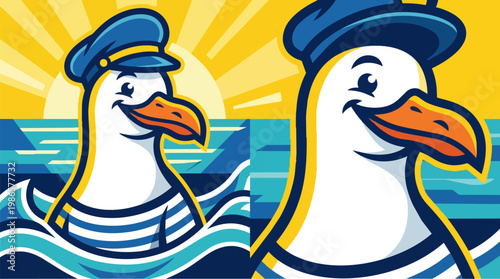 Seagulls in Sailor Hats Over Bright Ocean Scene.