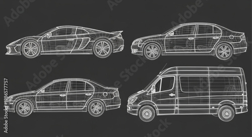 Wireframe illustrations of four different vehicles on a dark background.