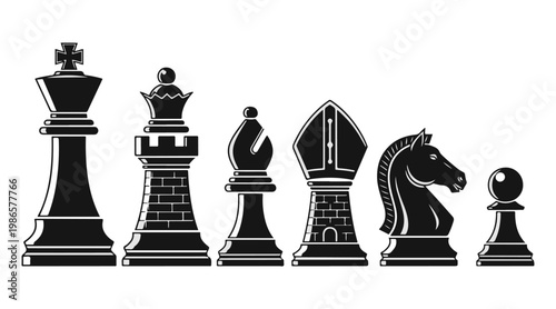 Professional chess piece silhouettes including king, queen, bishop, knight, and pawn for strategic gaming concepts.