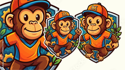 Cartoon Monkeys In Orange Uniforms Pose Together.