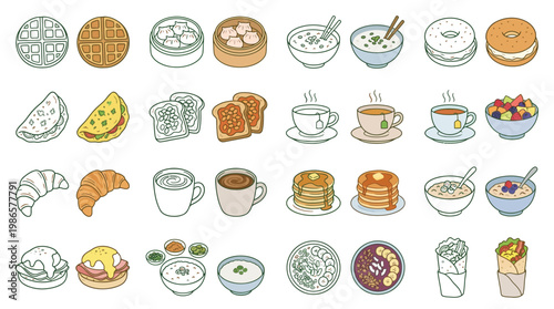 A vibrant collection of diverse breakfast and brunch food items, showcasing a variety of culinary delights from around the world.