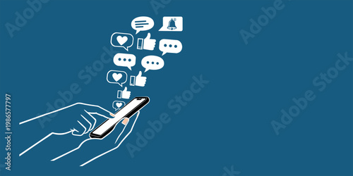 Person holding smartphone with social media icons and notification bubbles flying out