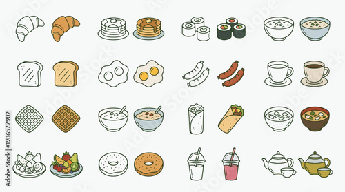 A vibrant collection of diverse breakfast and meal icons, showcasing a variety of popular food and drink items in a clean, illustrative style.
