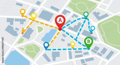 City map with marked routes and locations.