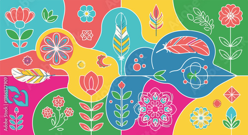A colorful graphic design with abstract shapes and floral patterns
