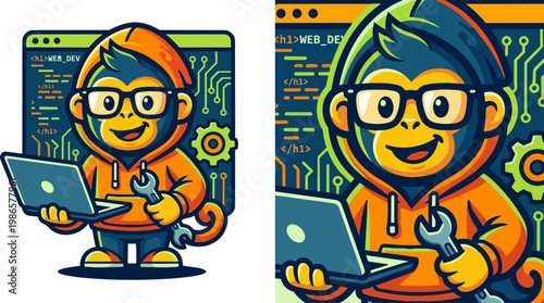 Cartoon Nerds Coding On Laptops Together.