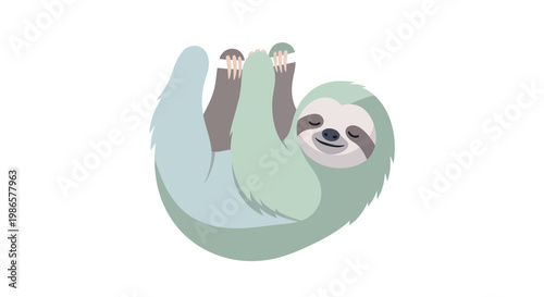 Charming illustration of a happy sloth hanging upside down, embodying a relaxed and carefree spirit with a gentle smile