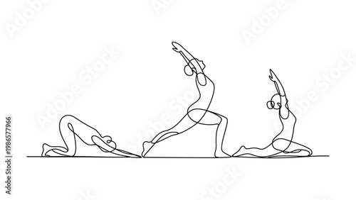 Three elegantly drawn single line art figures performing different yoga poses demonstrating flexibility and strength in a dynamic sequence line art