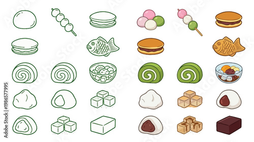 A delightful collection of Japanese sweets and desserts, showcasing a variety of traditional and popular treats in a charming illustration.