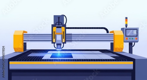 Industrial laser machine operates on a metal sheet in a modern manufacturing facility.