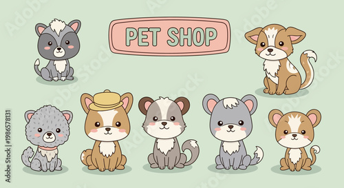 Cute cartoon animals in pet shop.