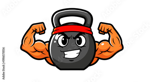 Cartoon kettlebell with flexed muscles smiling.