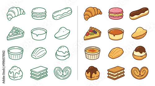 A collection of colorful and detailed illustrations of various French pastries and baked goods, presented in a grid format.