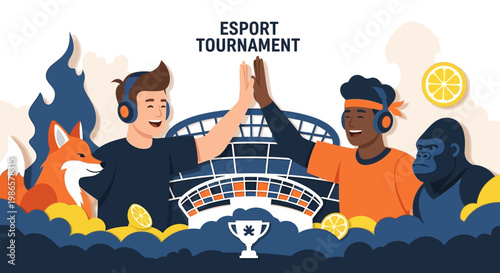 Esports gamers high five tournament.