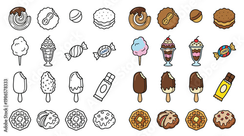 A collection of colorful and black-and-white illustrations of various sweet treats and desserts, including cookies, ice cream, and candies.