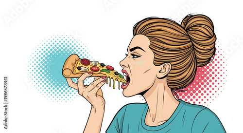 Hungry woman with her hair in a bun biting a large slice of delicious pizza with multiple toppings on a dotted background.