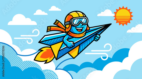 Flying cartoon hero on rocket soaring through sky.