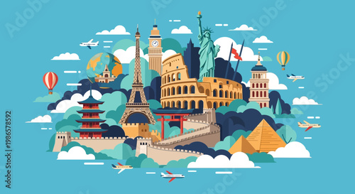 Illustration of famous landmarks around world.