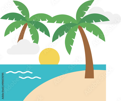 Tropical Beach Palm Trees Sunset Scene.