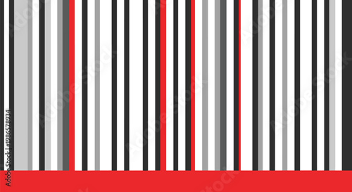 Abstract digital pattern resembling a barcode features vertical lines of varying widths in black, white, gray, and red.