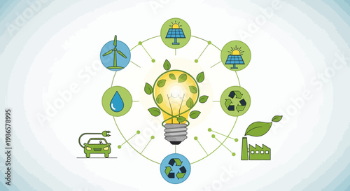 Sustainable energy and innovation illustration with renewable energy icons and light bulb representing green ideas
