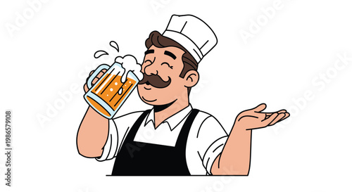 Jolly cartoon chef with a large mustache and a white hat enjoys a refreshing mug of frothy beer after a long day of work.