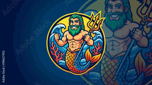 Merman In Circular Emblem Holding Trident.