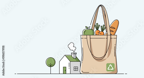 Eco-friendly shopping bag filled with fresh produce and bread, placed next to a house and tree, symbolizing sustainable living and groceries