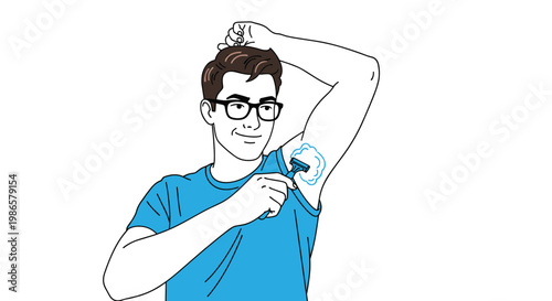 Man wearing glasses in a blue t-shirt carefully shaves his armpit with a razor and foam for personal grooming and care.