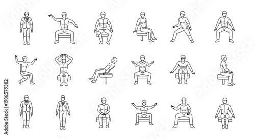 Collection of Karate Poses and Movements in Line Art Style.