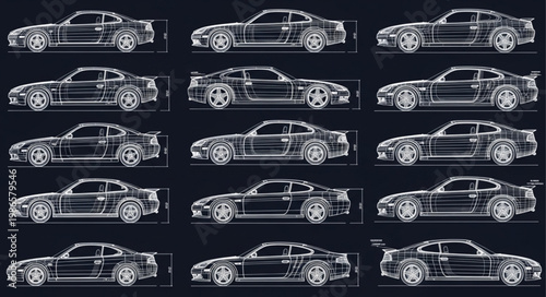 Collection of Sports Car Silhouettes on Black Background.