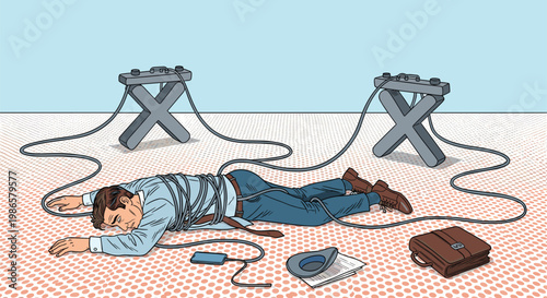 Stressed businessman lies on the floor while being hopelessly tangled in a web of messy wires and electrical cables.