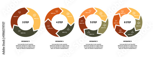Circle arrows diagram infographic set. Circular arrows with 3, 4, 5, 6 steps, options. Process chart, cycle diagram for business presentation, report, slide, brochure, annual report.