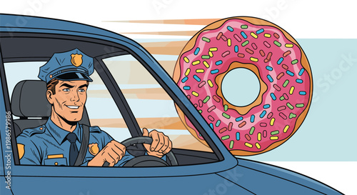 Smiling police officer drives a patrol car while a giant pink glazed donut with sprinkles flies fast through the air.