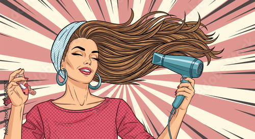 Joyful woman with long brown hair happily dries her locks with a hair dryer against a dynamic pink ray background.