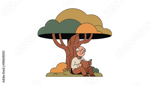 Senior Man Reading Book Under Tree, Relaxing Outdoors, Peaceful Lifestyle Illustration